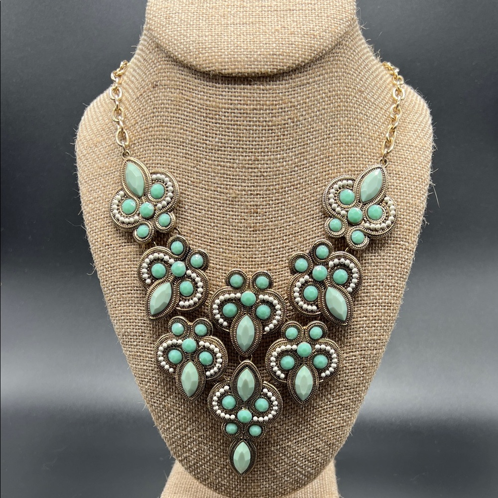 Mint Green Statement Necklace Bib Necklace Boho Floral Gold Tone